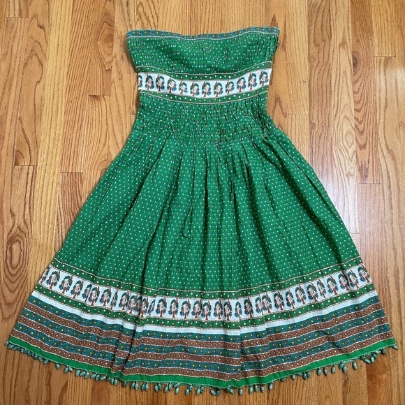 Vintage Bohemian Printed Floral Fit and Flare Strapless Cotton Dress Sequins - Picture 3 of 16